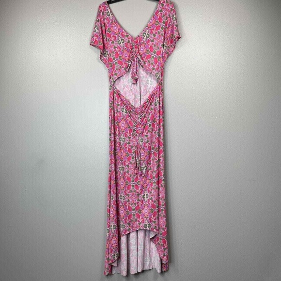 Misa Carlotta Dress Womens XL Pink Cutout Hi-Low Hem Short Sleeve Geometric Maxi - Picture 2 of 16